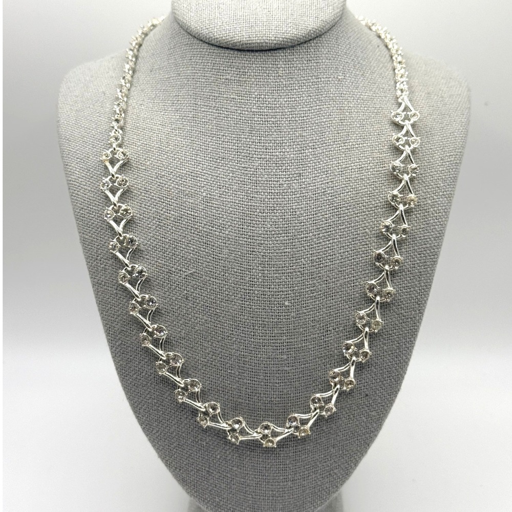 Silver Tone Rhinestone Chevron Link Adj Necklace Clear Crystal Sparkle 17"